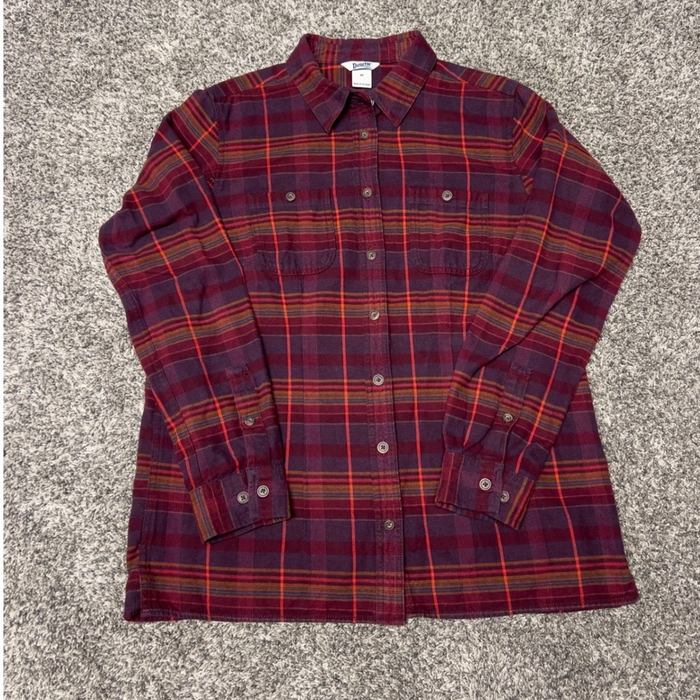 Duluth Trading Co Womens Free Swingin Flannel Shirt Medium Burgundy Plaid L/S